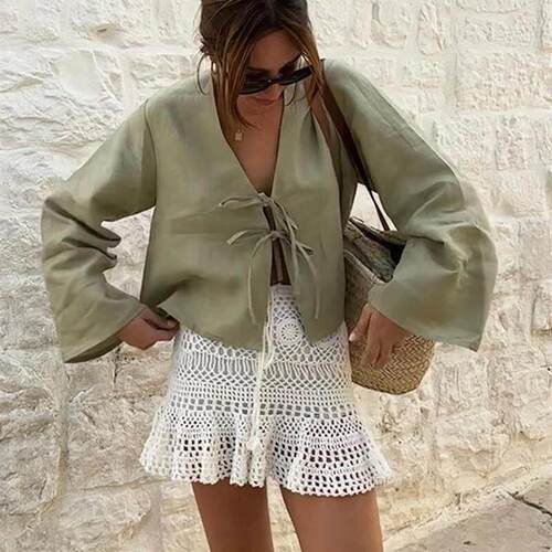 Cotton Linen Lace Up Bow Shirts Women Loose Hollow Out V Nec
