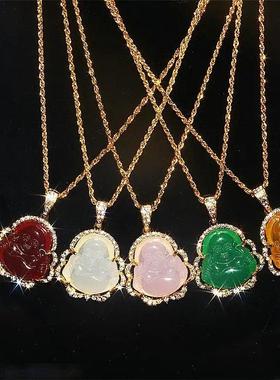 Pink White Buddha Necklace for Women Exquisite Chinese Style