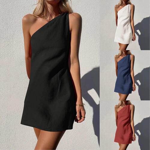 One Shoulder Ladies Casual Dress Solid Color Slim Cotton Dre