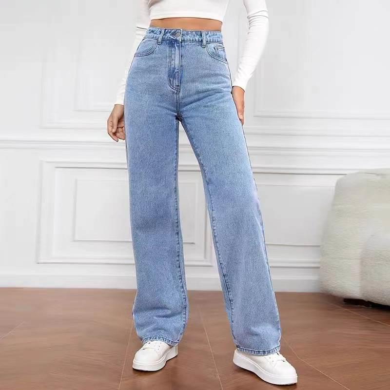 Washed denim fashion straight pants jeans for women