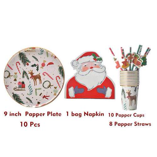 Christmas Paper Plates Cups Napkins Serves Straws Holiday