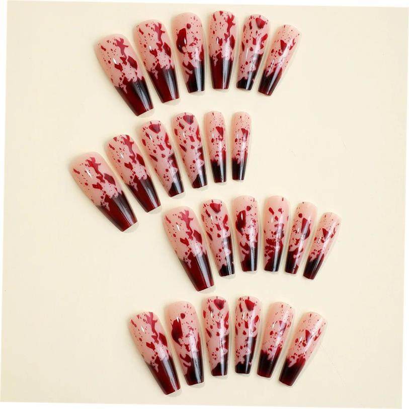 24pcs Long Coffin Shaped False Nails With Bloodstain Design