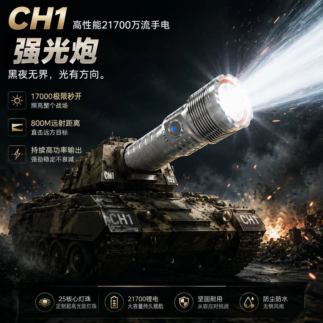 新品ch1手电TKSD真万流强光手电CH1手电定制25核心超高光效灯珠
