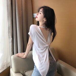 TR44880# 新款莫代尔棉后背镂空性感休闲T恤 服装批发女装批发服饰货源