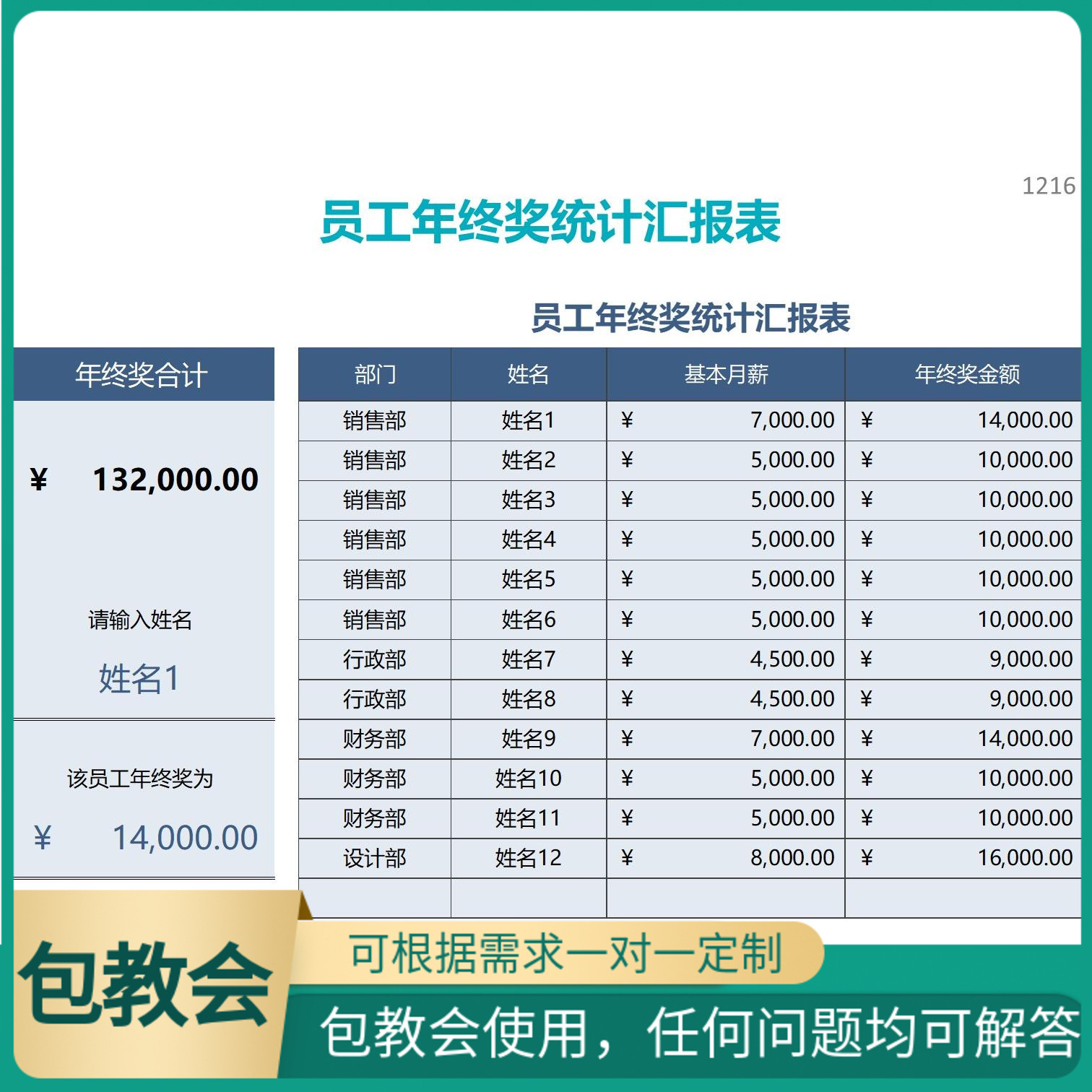 员工年终奖统计汇报表excel表格系统可定制