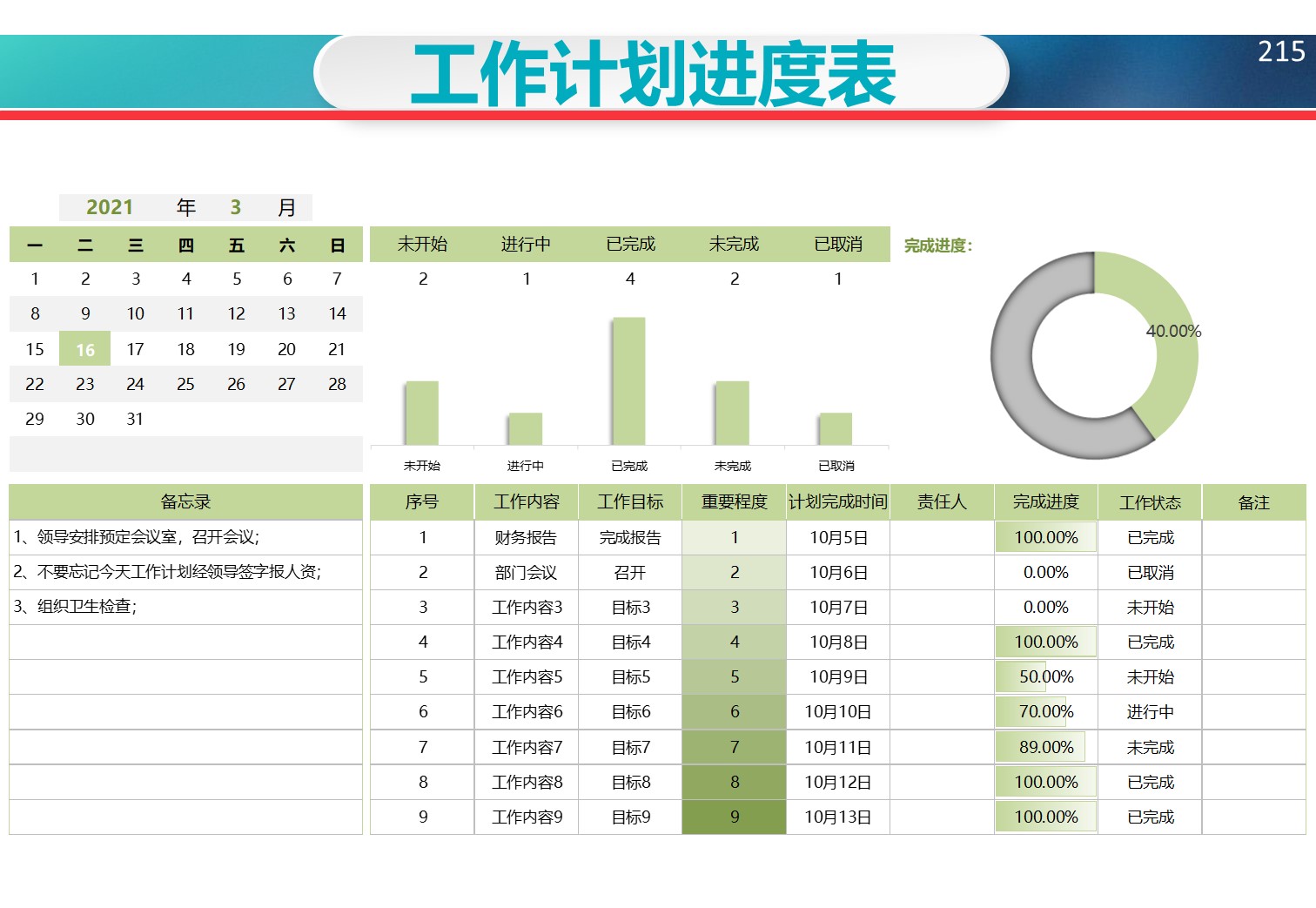 原创设计工作计划进度表excel表格可定制