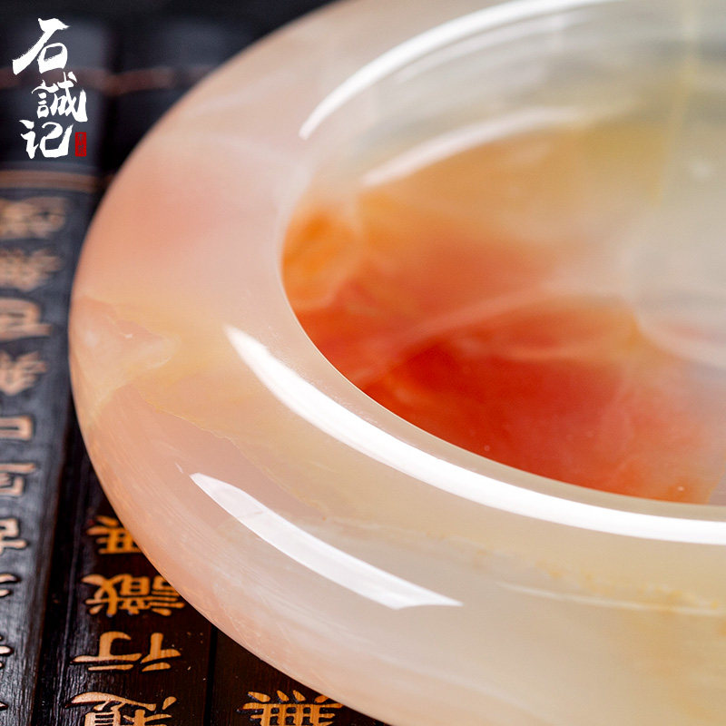 石诚记高档烟灰缸大理石家用客厅办公室创意礼品天然玉石臻品红花