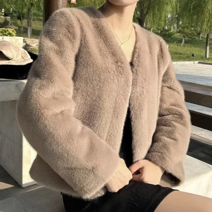 2023秋冬高档环保毛草草外套女百搭仿水貂一体毛网红短款