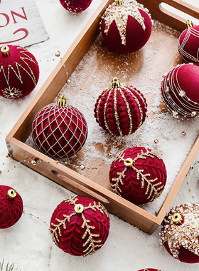 NUCHI跨境新品8CM圣诞彩绘球红色植绒圣诞球diy圣诞树装饰品挂饰