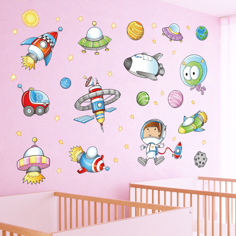 卡通太空墙贴画温馨男孩儿童宝宝房装饰墙纸自粘创意卧室床头贴纸