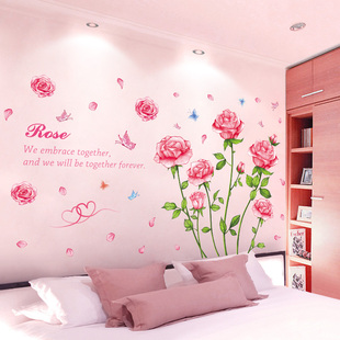 饰创意浪漫房间卧室床头贴花贴纸 温馨玫瑰花墙贴画客厅墙纸自粘装