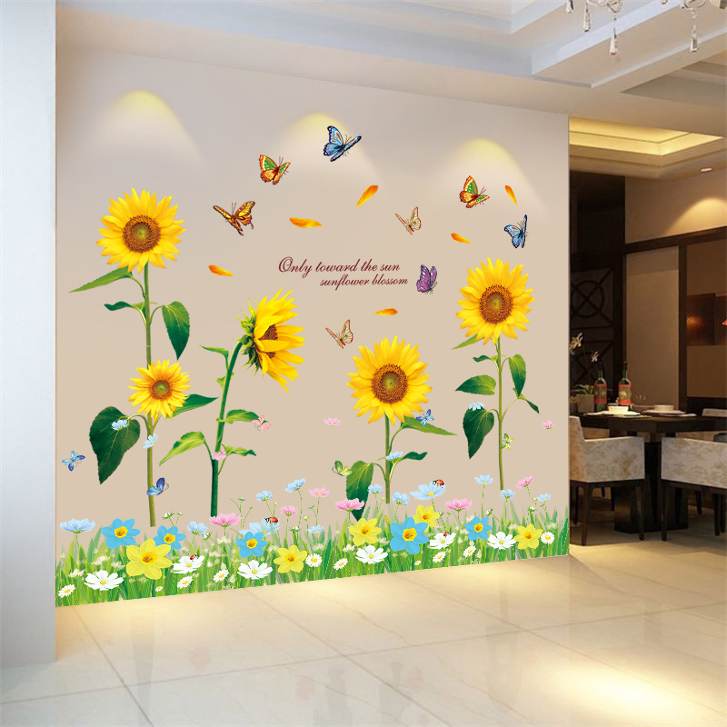 温馨风房间向日葵蝴蝶布置墙贴纸