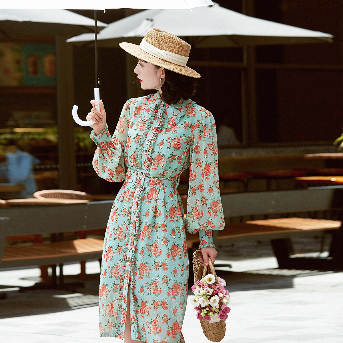 优雅气质印花时尚复古衬衫连衣裙