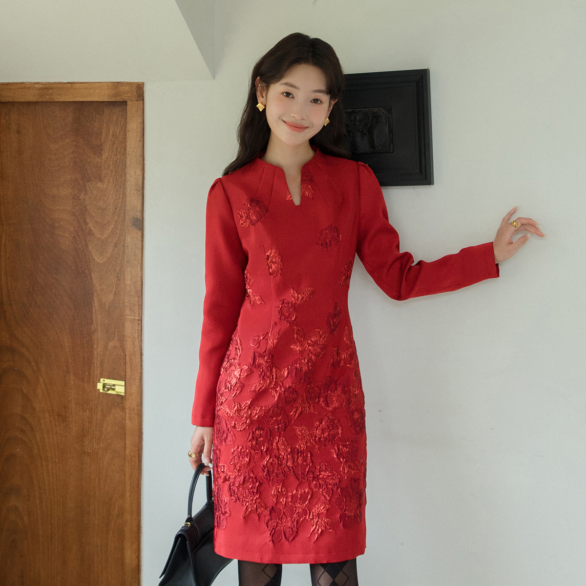 旗袍显瘦时尚提花显瘦红色连衣裙