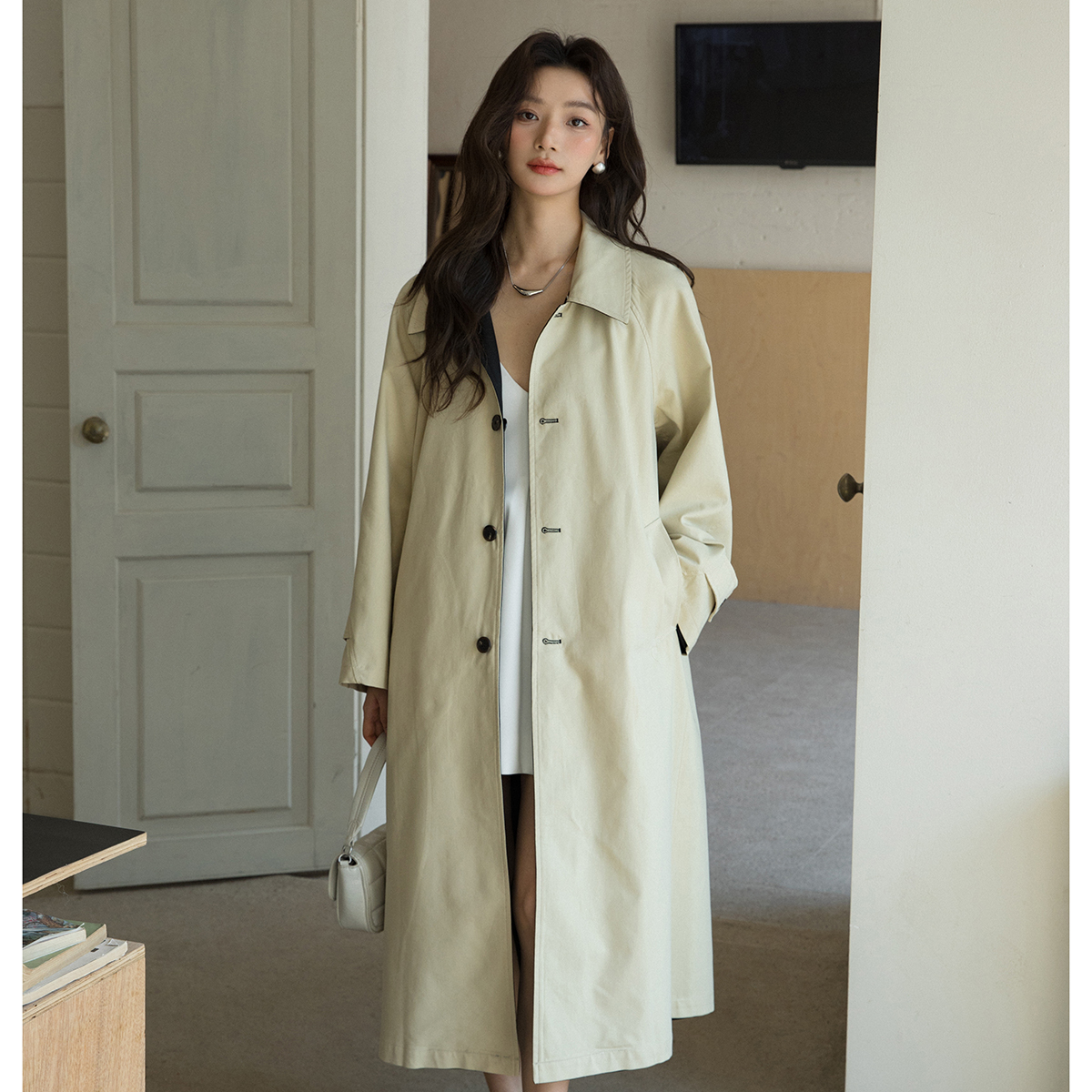 长袖宽松休闲卡其色双面春秋风衣
