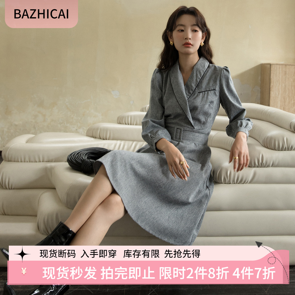 通勤复古灰色优雅赫本风连衣裙