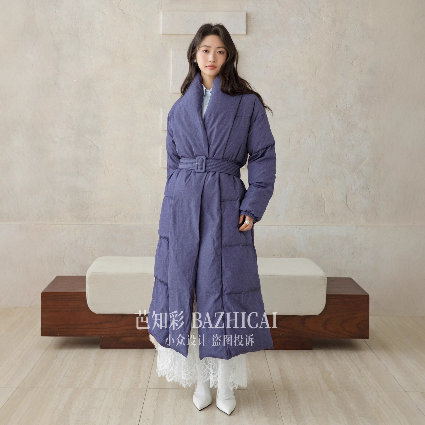 牛仔蓝色白鸭绒长款保暖羽绒服