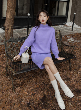 高支高密精纺丝光针织毛衣｜定染紫色｜半高领宽松直筒裙2194
