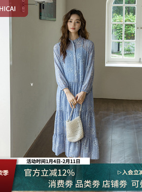 美丽拍照C位！显白天空蓝宽松雪纺裙显瘦度假风碎花连衣裙 2339