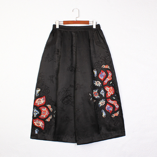 【知花意】新中式100%桑蚕丝香云纱松紧腰宽松绣花女士阔腿裤子