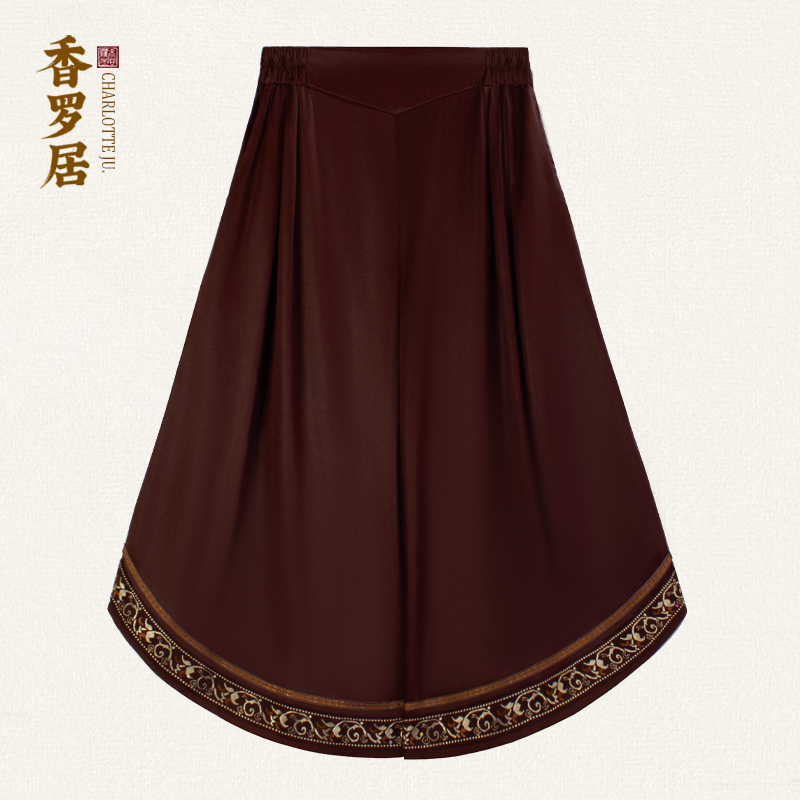 【步生花】复古国风桑蚕丝香云纱松紧腰宽松花边女士中式阔腿裤子