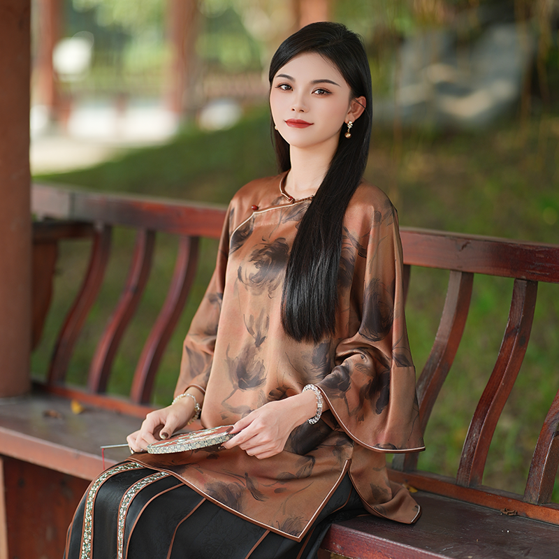 【墨染秋荷】中式复古气质休闲圆领斜襟重缎香云纱太太服女士上衣