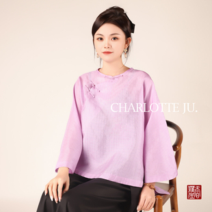 薄款 国风圆领斜襟复古夏季 暗纹 显瘦女士上衣民族风 桑蚕丝中式