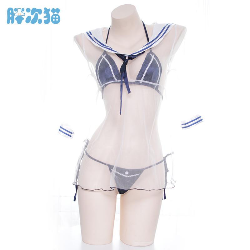 这也太顶了吧~透明水手服套装比基尼家居服睡衣睡裙半透家居服