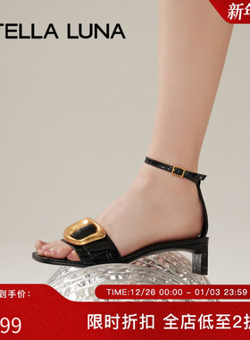 STELLA LUNA女鞋春夏时尚百搭凉鞋方头饰扣中跟一字带高跟凉鞋