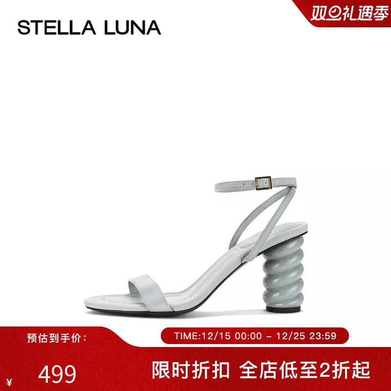 STELLA LUNA女鞋夏季新款羊皮圆头链条高跟鞋一字带休闲时装凉鞋