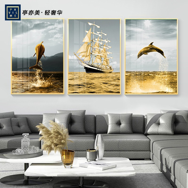 轻奢金色海豚三联晶瓷画客厅装饰画