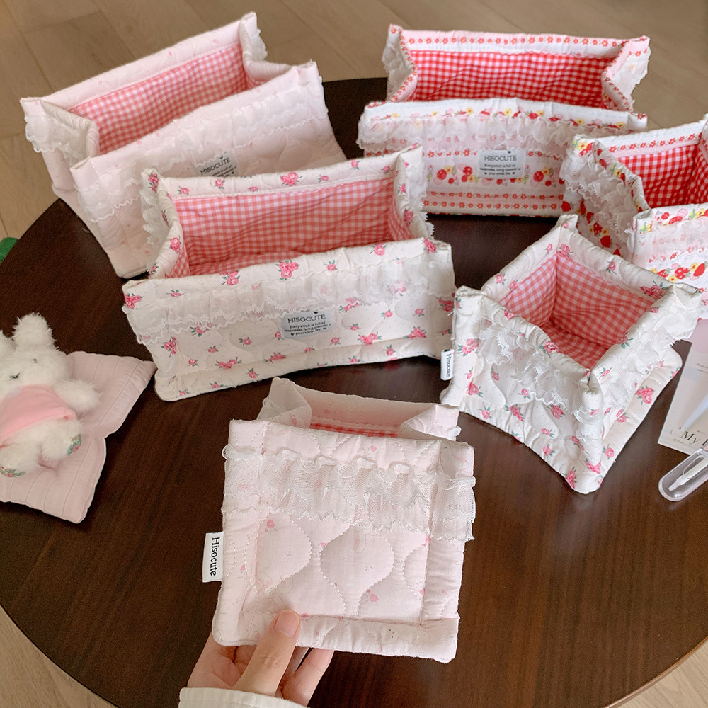 Hisocute甜美少女布艺花朵桌面收纳盒学生宿舍化妆品储物收纳篮