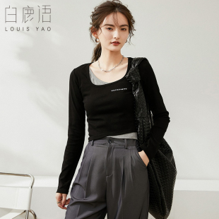 白鹿语假两件不对称撞色T恤春款 打底上衣女 圆领短款 英文印花长袖