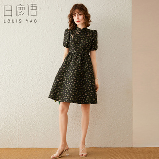 修身 立领泡泡袖 A字裙女裙子 碎花连衣裙夏款 白鹿语复古时尚