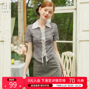 白鹿语T恤女打底25夏款 上衣 辣妹风百搭休闲polo领系带甜美短袖