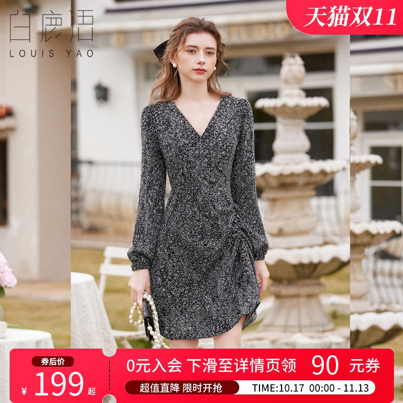 白鹿语 设计感V领碎花连衣裙女 2026秋长袖收腰显瘦修身连衣裙