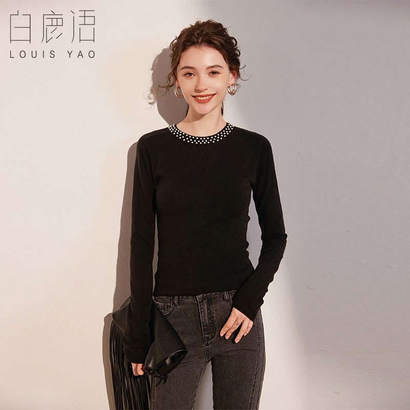 白鹿语优雅圆领套头钉珠针织衫