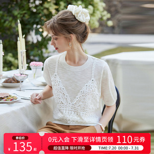 t恤女2025夏新款 白鹿语蕾丝拼接假两件白色短袖 设计感小众上衣潮