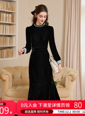 白鹿语赫本风丝绒连衣裙25早秋新款高级感名媛修身显瘦黑色小礼裙