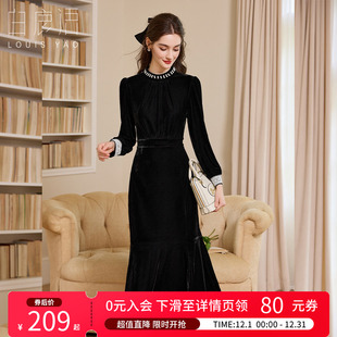 白鹿语赫本风丝绒连衣裙25早秋新款 显瘦黑色小礼裙 高级感名媛修身