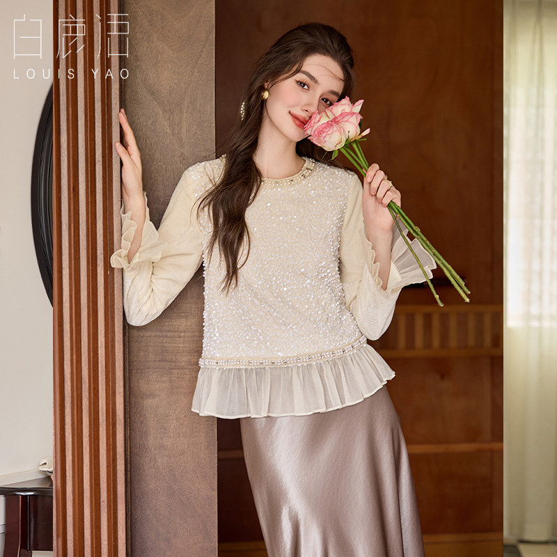 白鹿语 小香风亮片刺绣衬衫女 温柔淑女风拼接荷叶边下摆长袖上衣,女装/女士精品,衬衫,淘宝优惠券,粉丝福利购,淘宝优惠卷