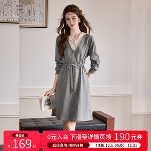 白鹿语韩系蕾丝拼接假两件连帽卫衣裙25秋新款 设计感收腰显瘦裙子