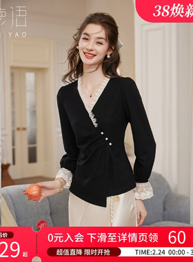白鹿语法式蕾丝拼接V领衬衫26春新款收腰设计感开衫修身黑色上衣