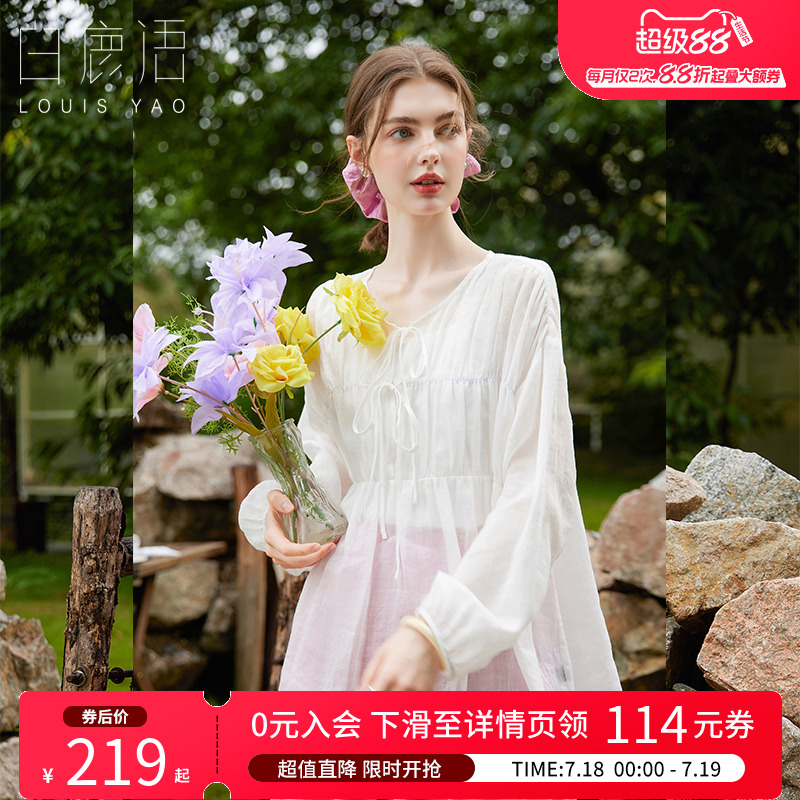 白鹿语法式轻薄苎麻抽褶系带长袖衬衫25夏新款清凉透气设计感上衣