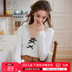 内搭打底衫 白鹿语蝴蝶结蕾丝花边V领长袖 修身 针织衫 女25春新款