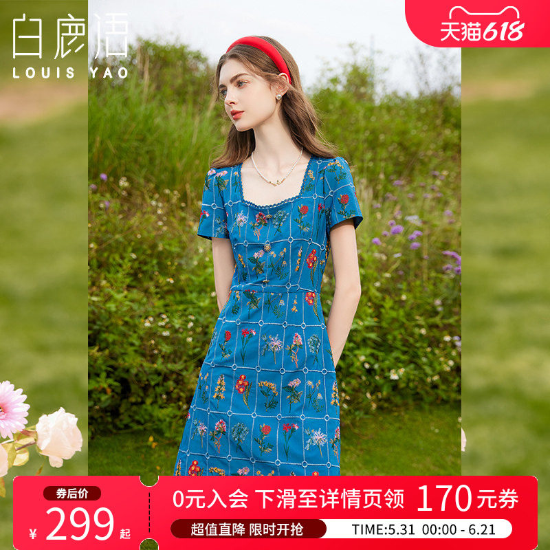 白鹿语复古温柔方领短袖碎花连衣裙夏款洋气a字小个子短裙