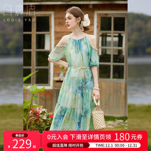 白鹿语波西米亚田园风印花露肩连衣裙25夏新款 收腰大摆型A字长裙