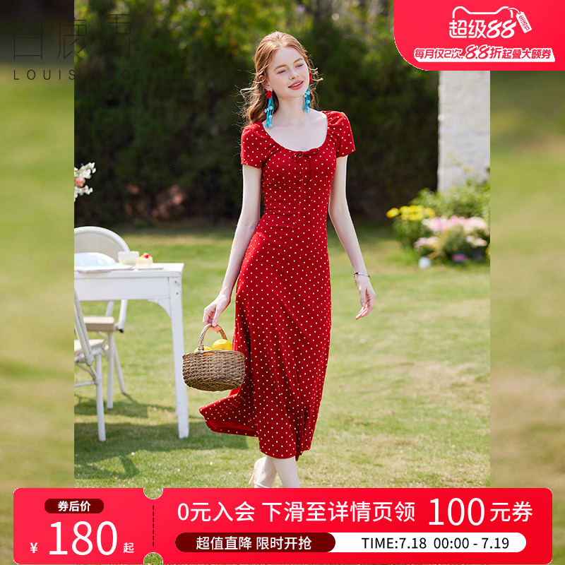 白鹿语度假风复古波点弹力修身显白长裙25夏新款甜美收腰女连衣裙