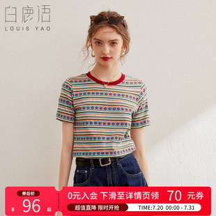 T恤 白鹿语趣味小花条纹t恤夏季 时尚 甜美圆领撞色套头短袖 女式