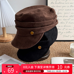 白鹿语复古英伦风麂皮绒平顶帽25秋冬新款 休闲显脸小街头马术帽